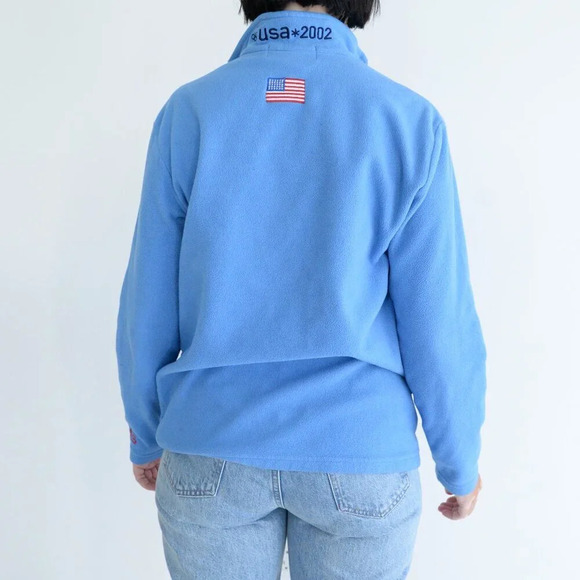 Roots Y2K US Olympics Blue Embroidered 2002 Half Zip Fleece Pullover Sweater  M - Picture 3 of 10